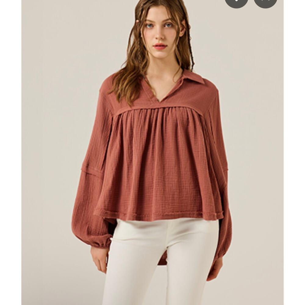 Ces Femme Gauzey Baby Doll Blouse Brick Red Size S